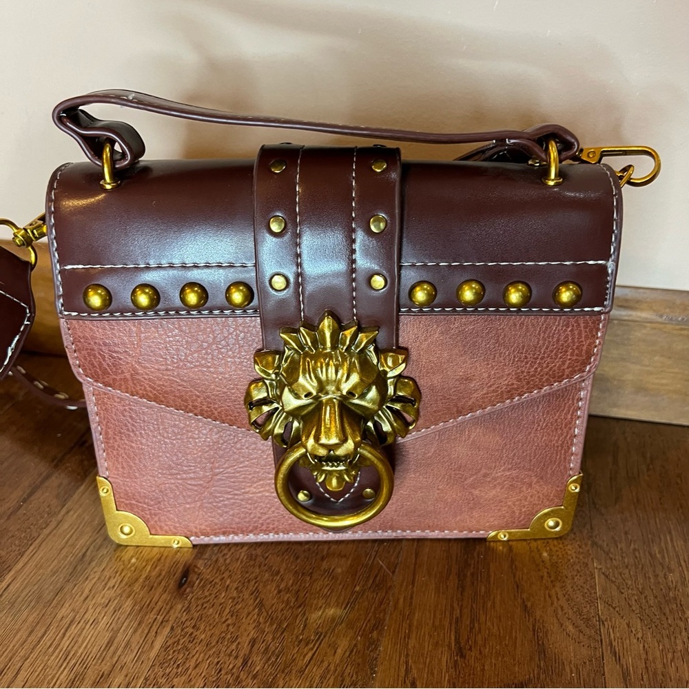 Studded Trim Satchel hand Bag brown lion door knocker B64